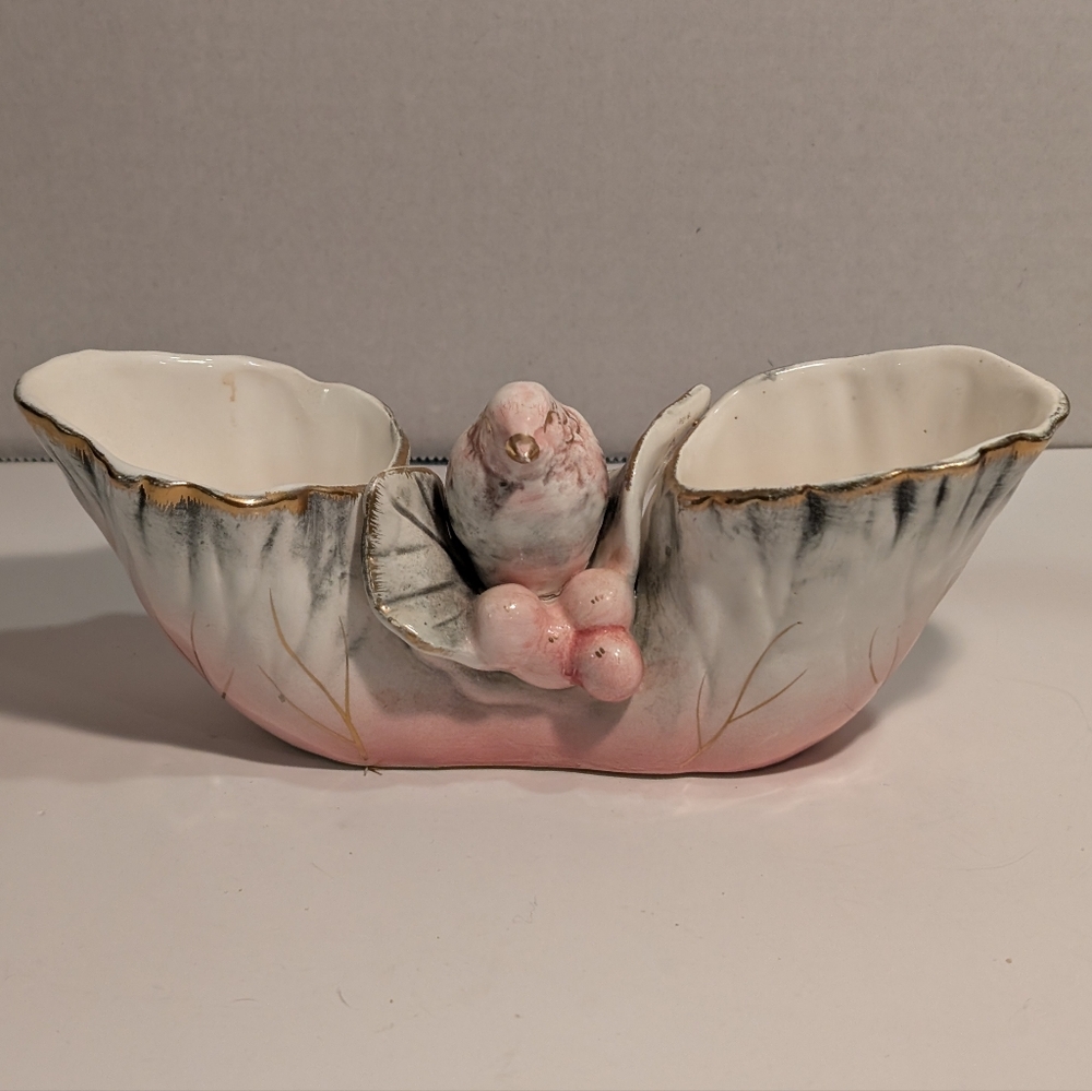 Vintage Ucagco Light Pink Planter Applied Flowers & Bird Gold Trim Japan.